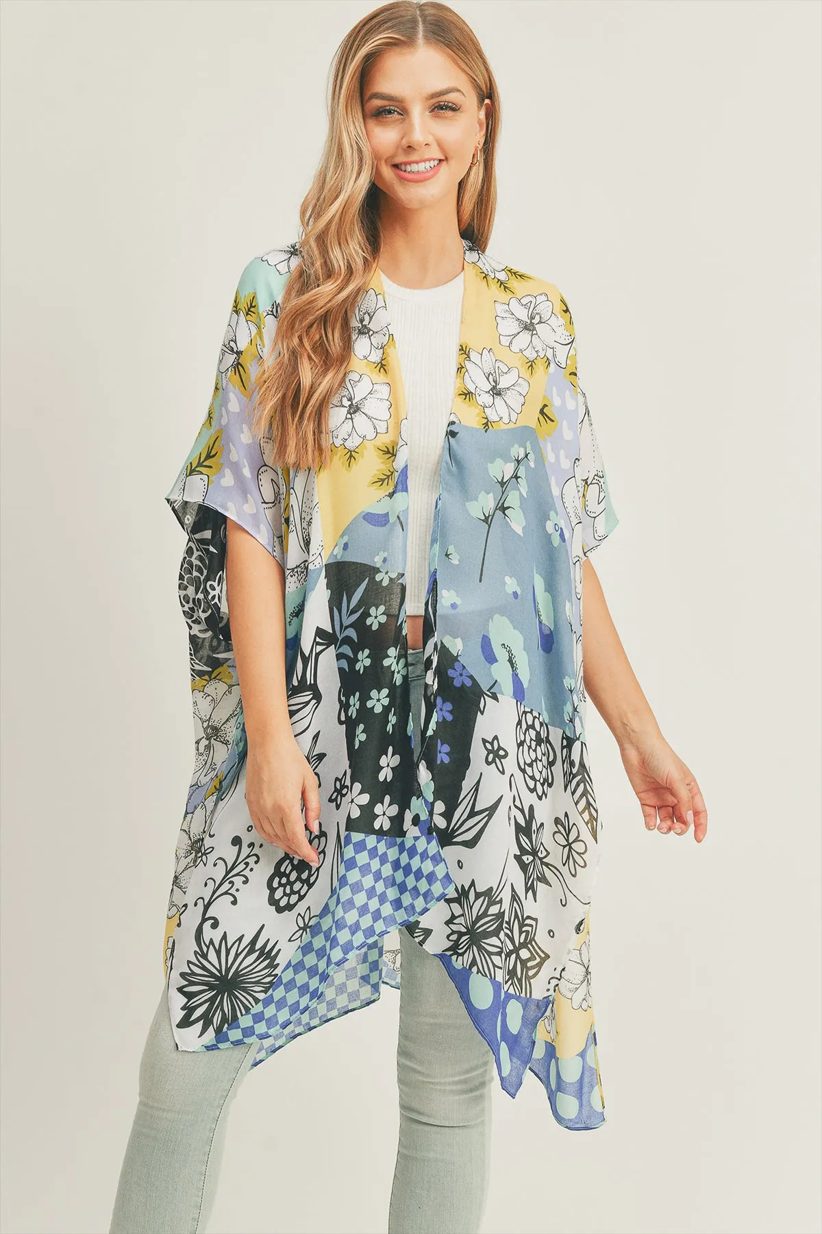 MIXED FLOWER PRINT KIMONO