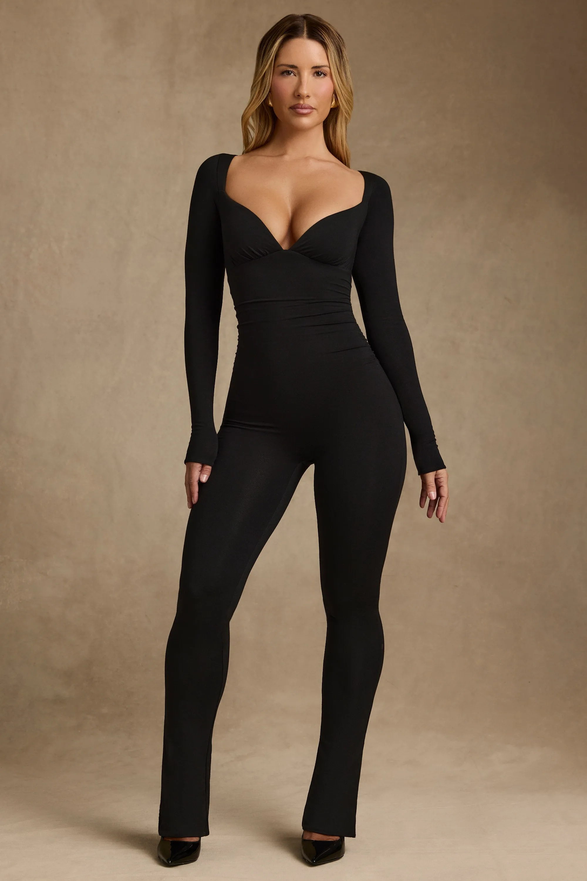 Modal Ruched Long-Sleeve Jumpsuit in Black