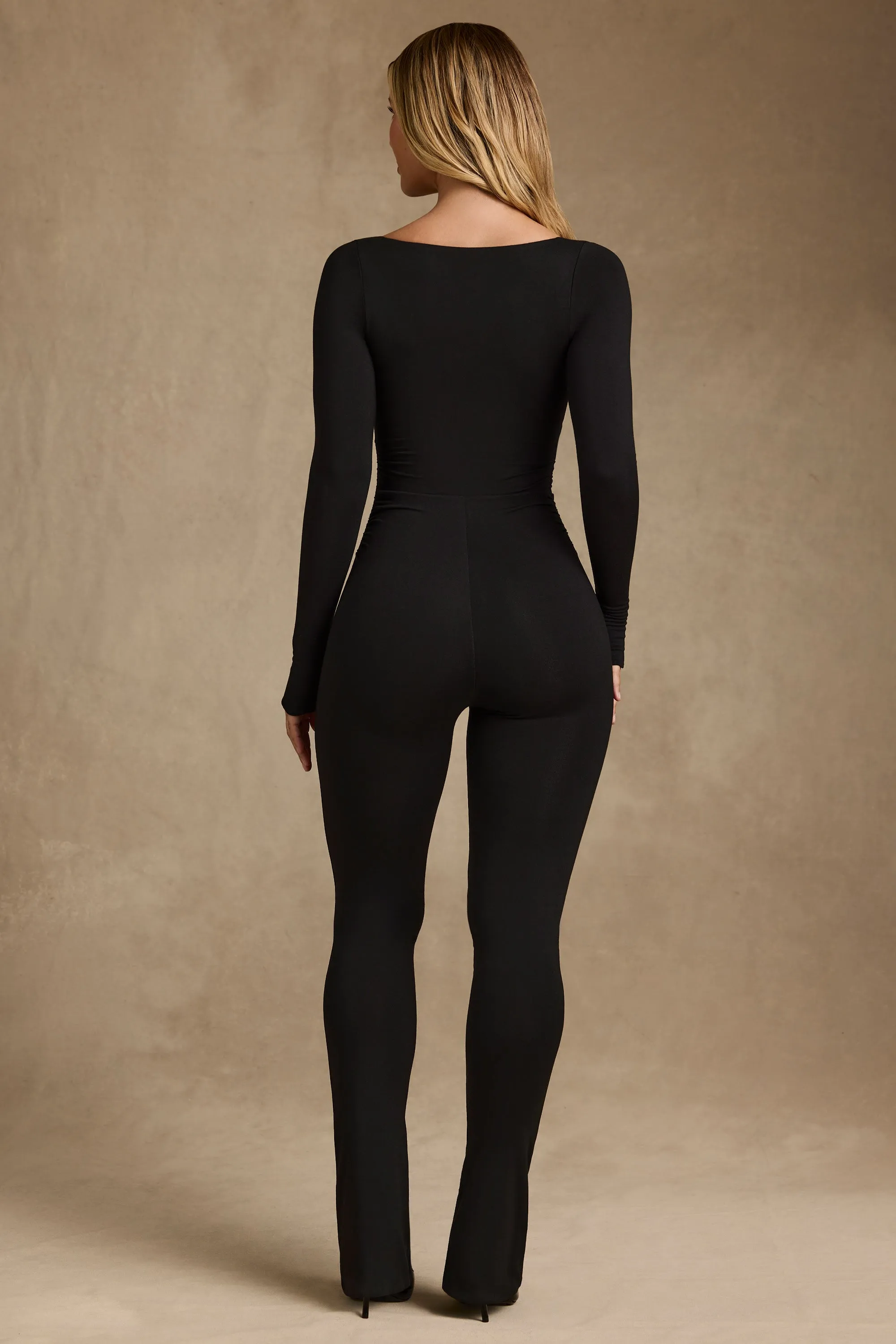 Modal Ruched Long-Sleeve Jumpsuit in Black
