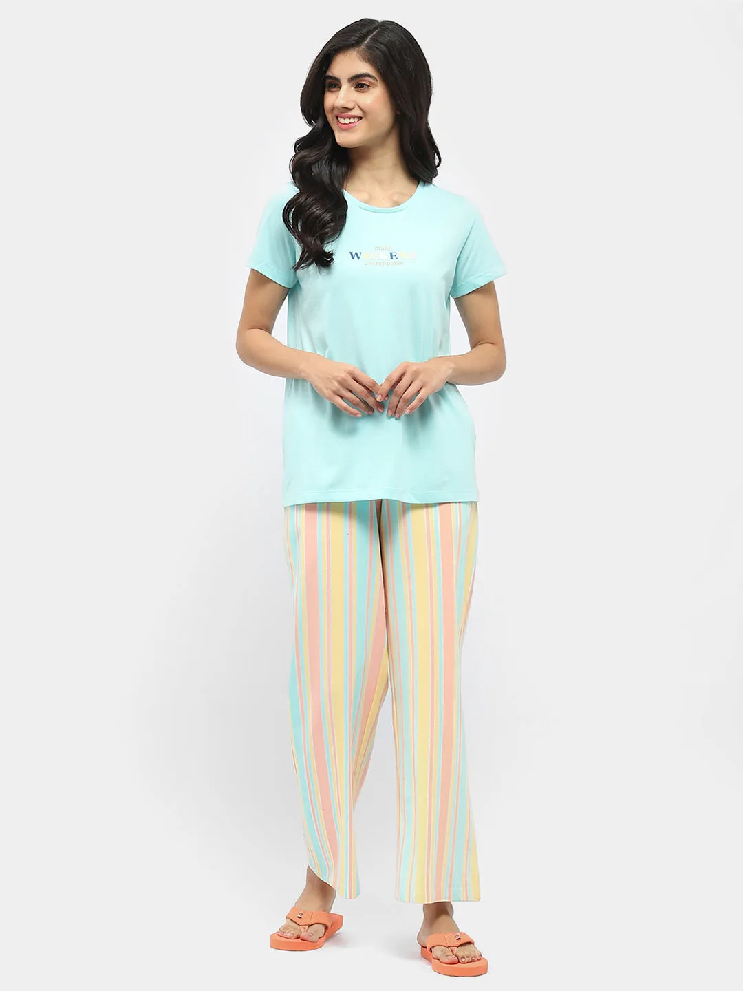 mSECRET Typography T-shirt with Striped Pajama Blue Nightsuit