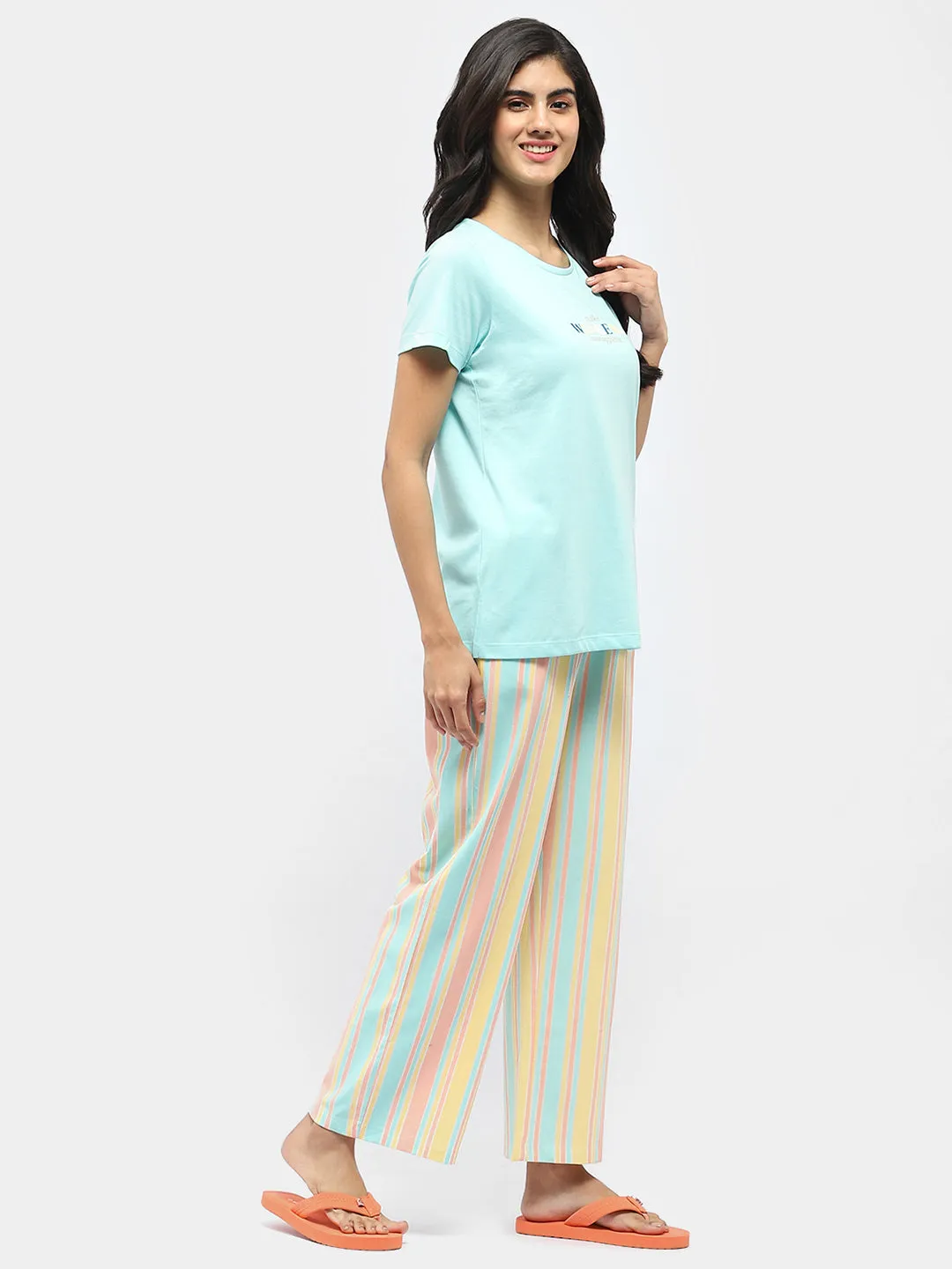 mSECRET Typography T-shirt with Striped Pajama Blue Nightsuit