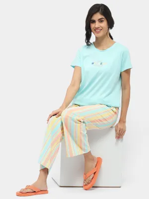 mSECRET Typography T-shirt with Striped Pajama Blue Nightsuit