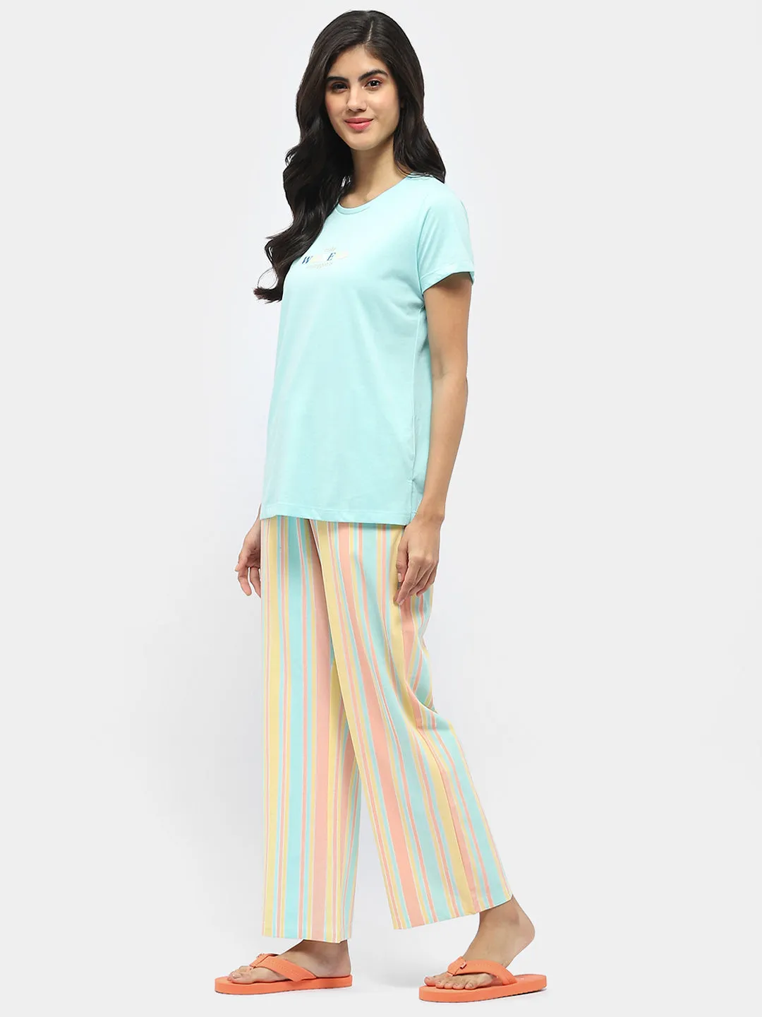 mSECRET Typography T-shirt with Striped Pajama Blue Nightsuit