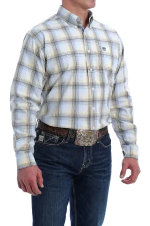 MTW1105191MUL CINCH MEN'S LIGHT BLUE, GOLD AND GRAY OMBRE PLAID BUTTON-DOWN SHIRT
