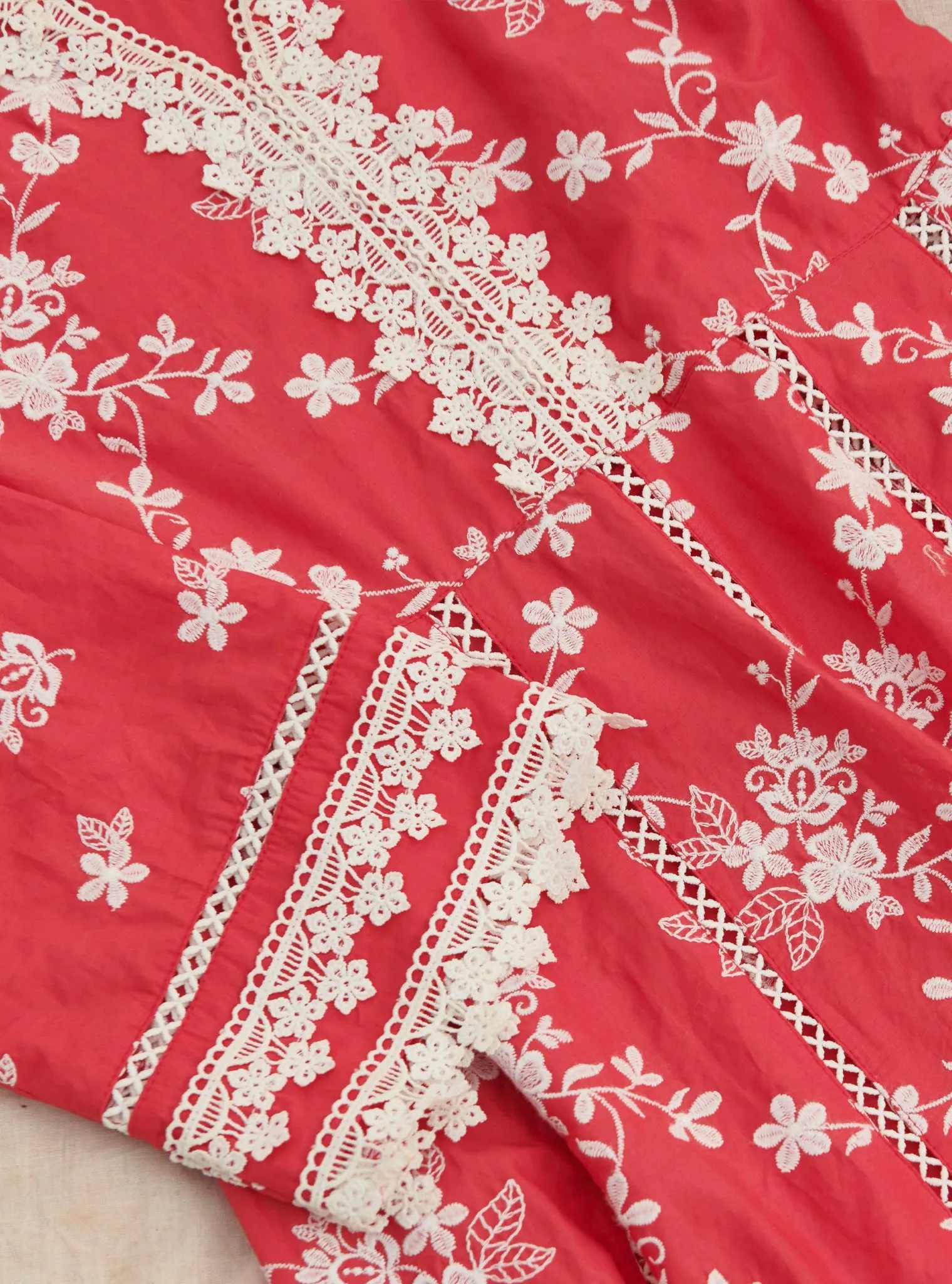 Mulmul Cotton Palolem Anarkali Red Kurta With Mulmul Cotton Palolem Red Pant