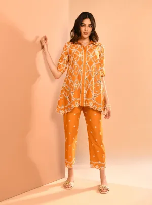 Mulmul Cotton Prue Orange Shirt With Mulmul Cotton Prue Orange Pant