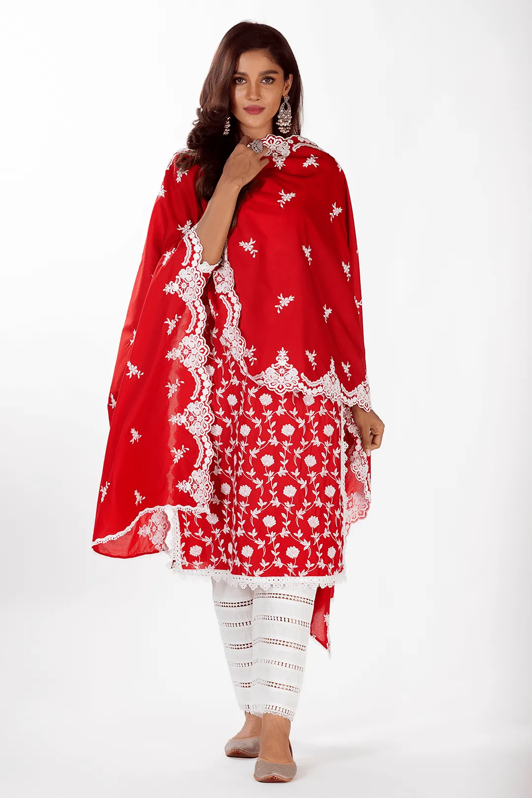 Mulmul Cotton Zeb Red Kurta With Ladder Lace White Pant
