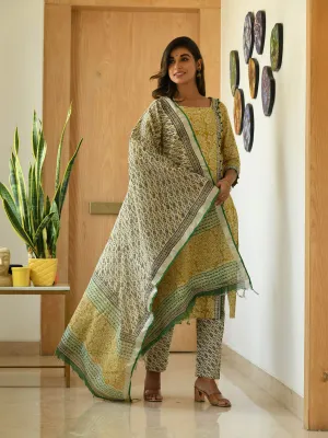 MULMUL EKAA BLOCK PRINTED KURTA-PANTS & DUPATTA SET