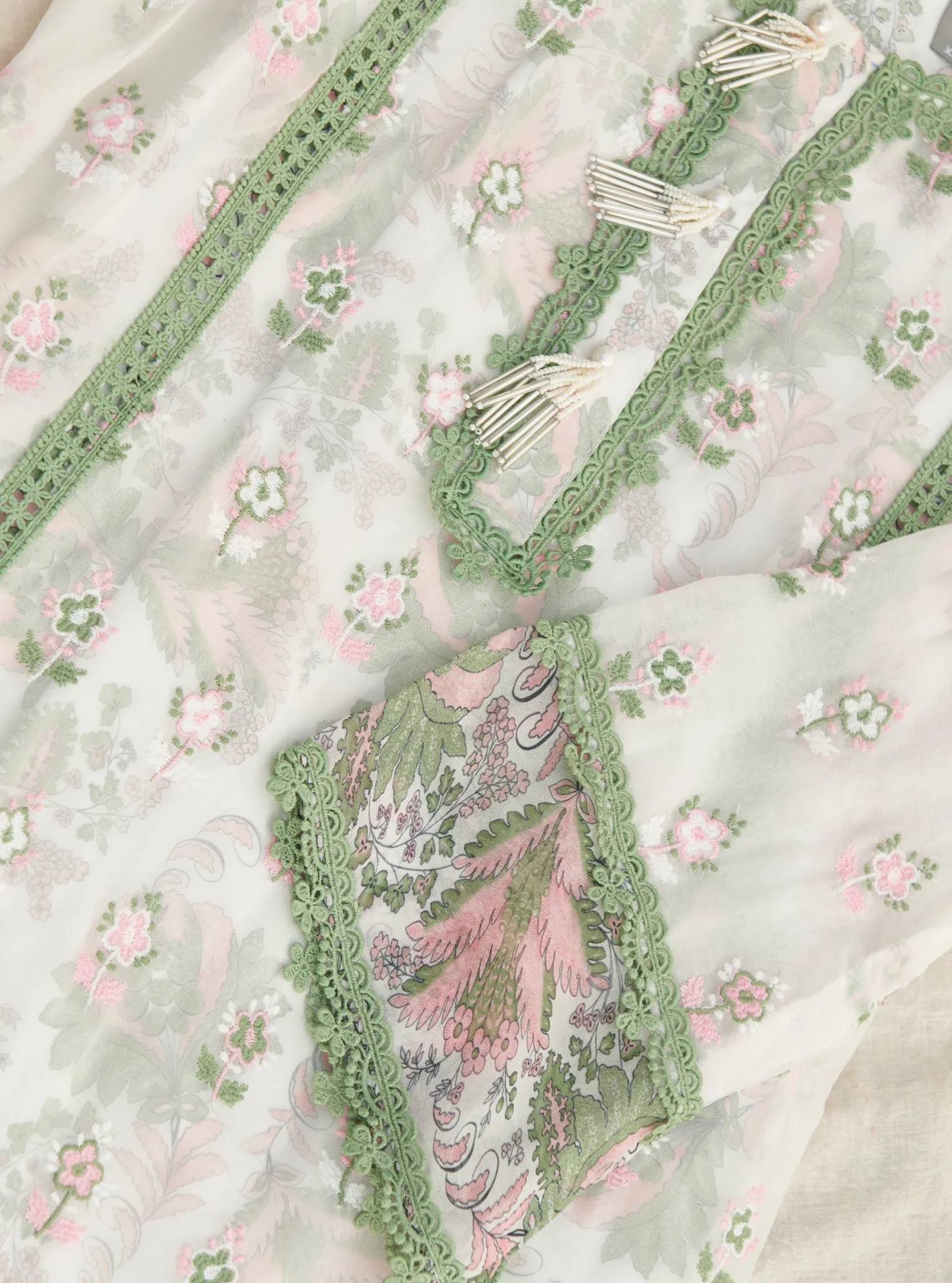 Mulmul Organza Terra Green Kurta With Mulmul Cotton Terra Green Pant