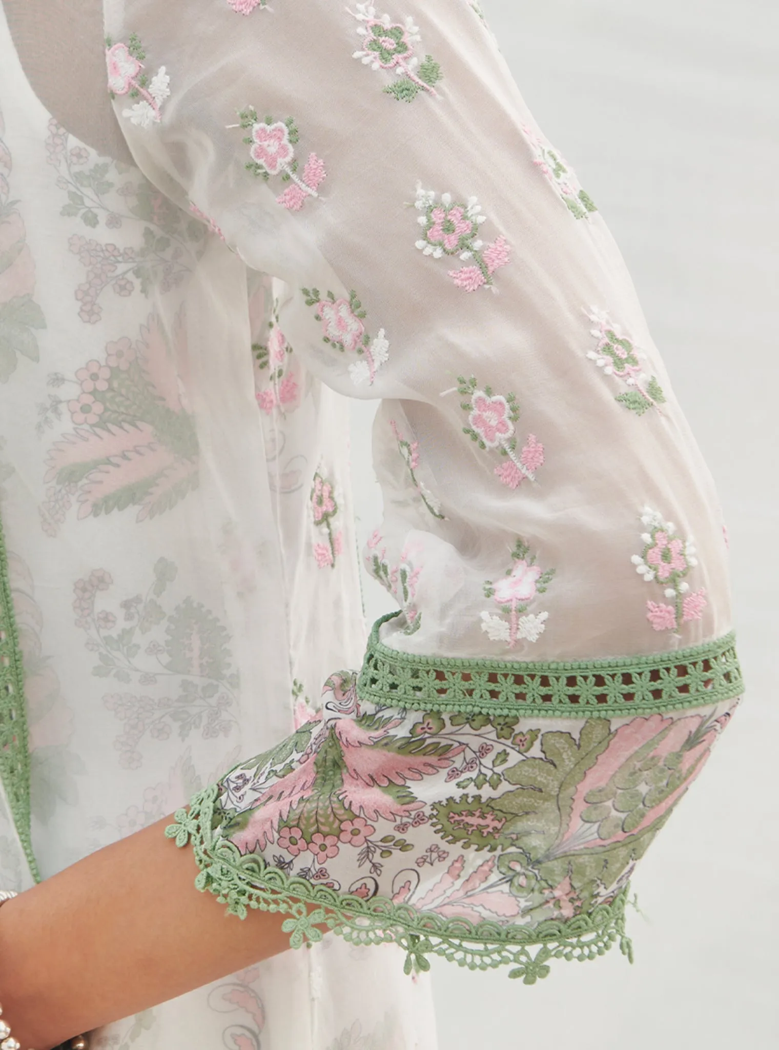 Mulmul Organza Terra Green Kurta With Mulmul Cotton Terra Green Pant