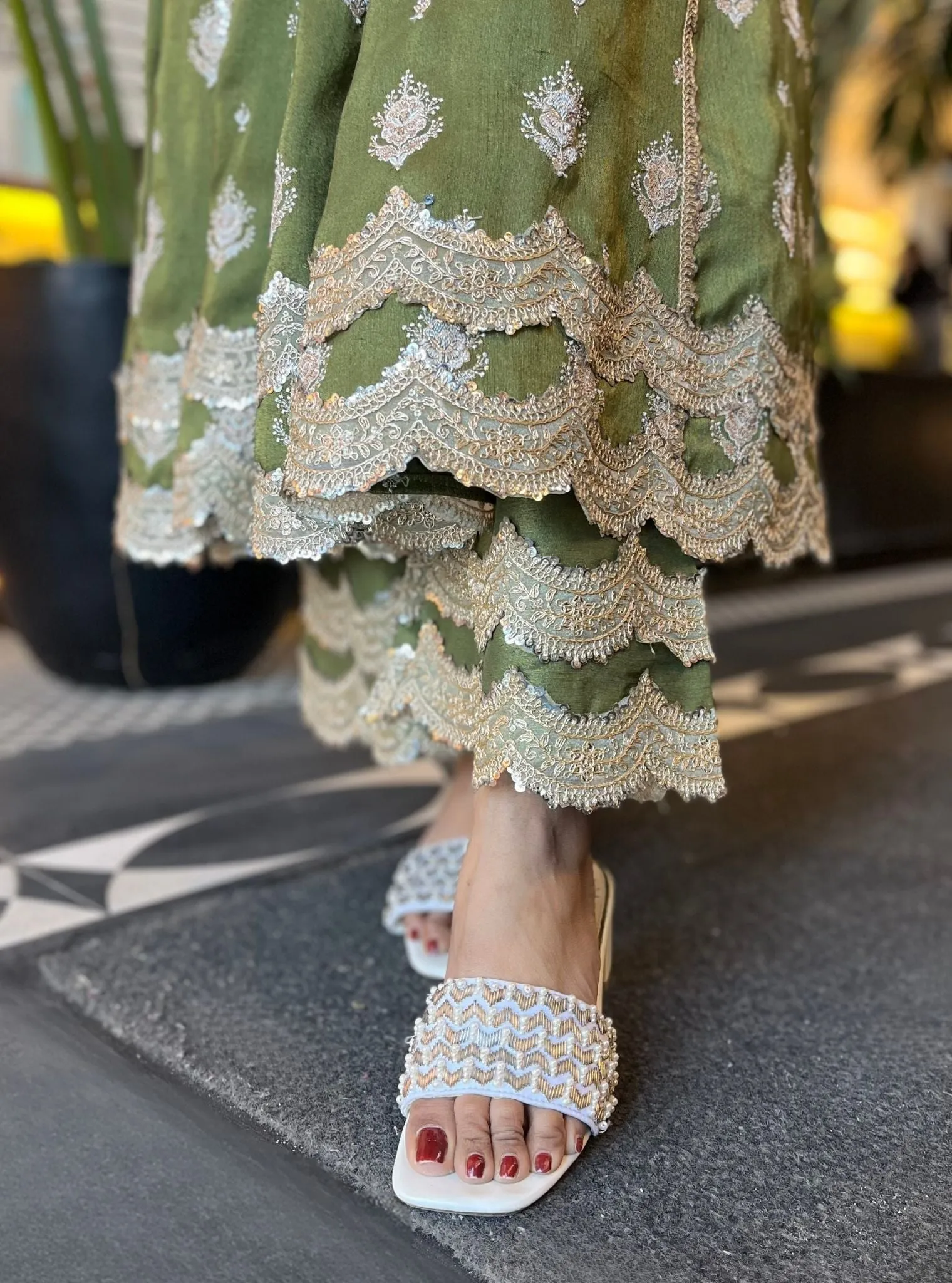 Mulmul Tissue Linen Satin Gulabo Green Anarkali Kurta With Mulmul Tissue Linen Satin Gulabo Green pant