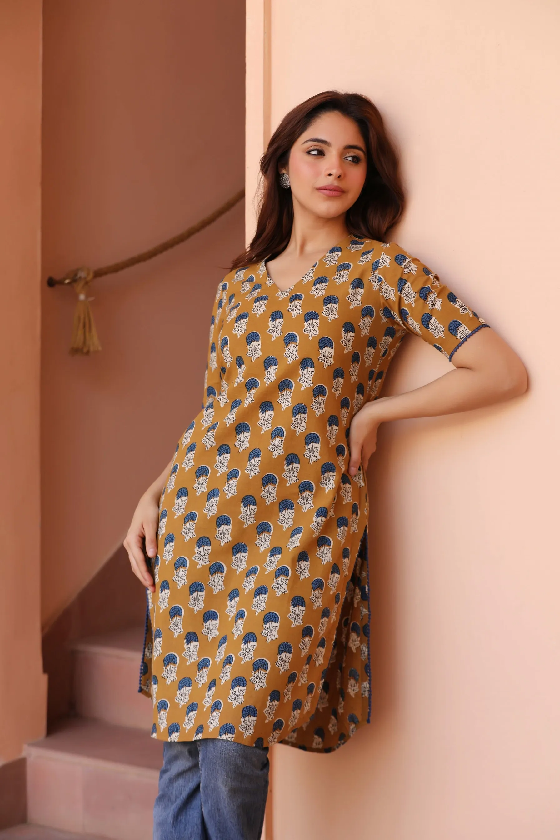 Mustard With Blue Cotton Pure Hand Block Printed Ready-To-Wear Knee Length Kurta