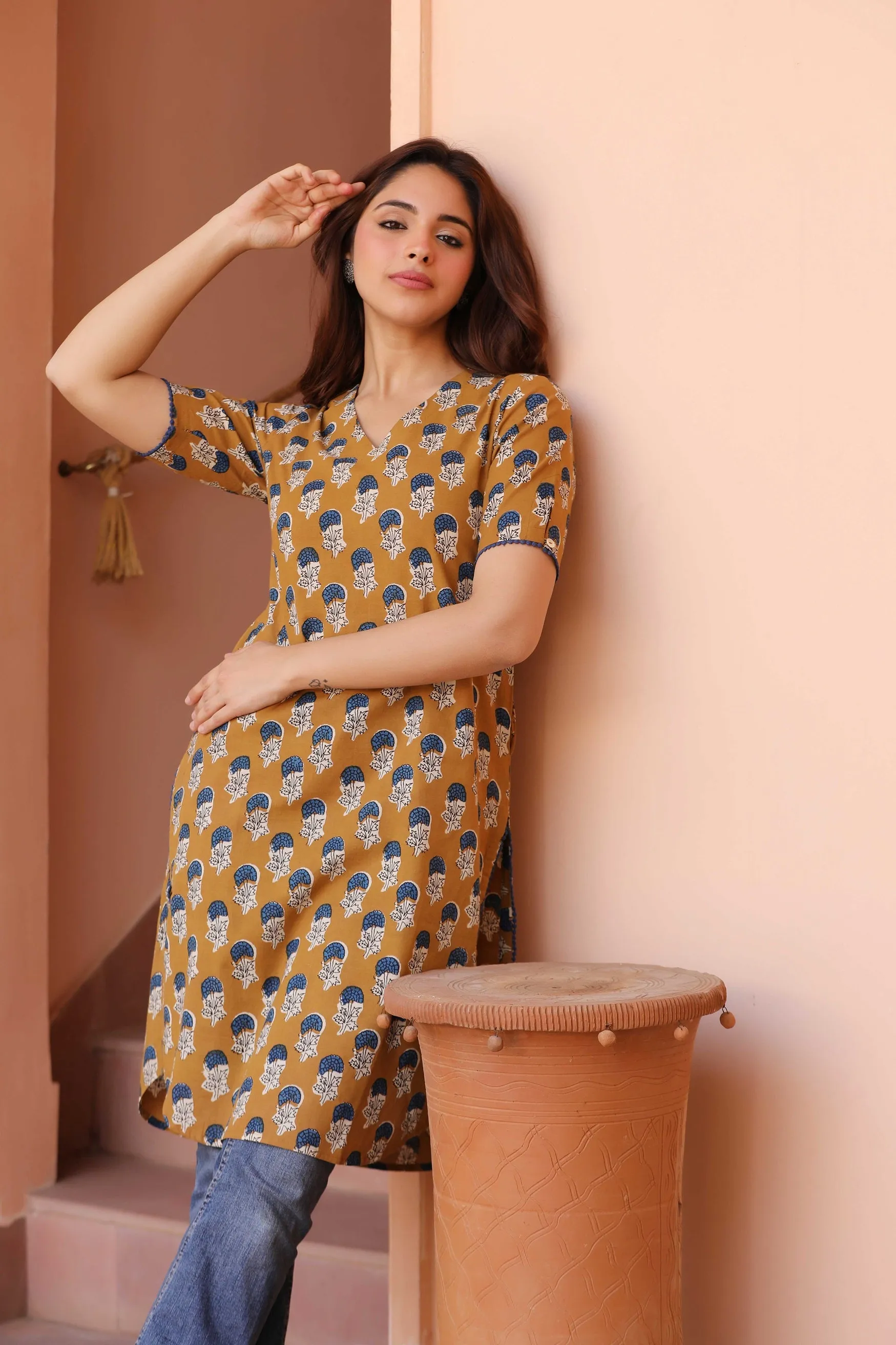Mustard With Blue Cotton Pure Hand Block Printed Ready-To-Wear Knee Length Kurta
