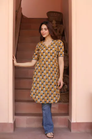 Mustard With Blue Cotton Pure Hand Block Printed Ready-To-Wear Knee Length Kurta