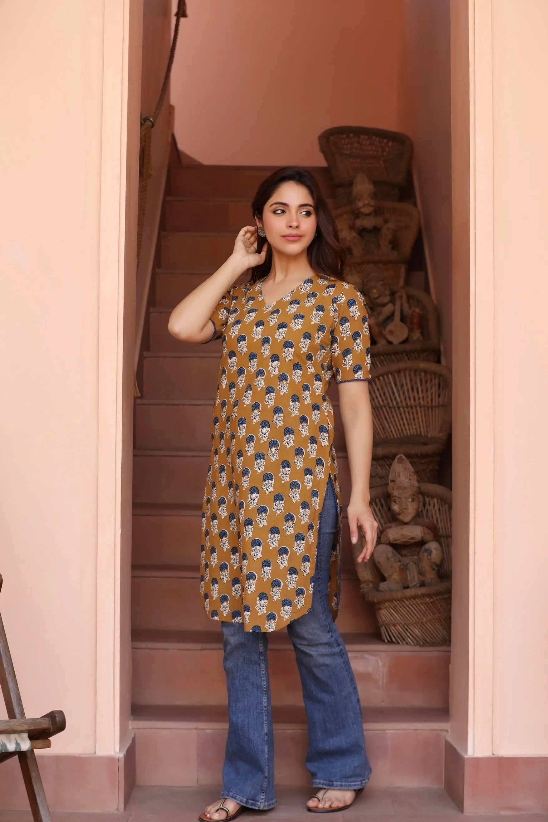 Mustard With Blue Cotton Pure Hand Block Printed Ready-To-Wear Knee Length Kurta