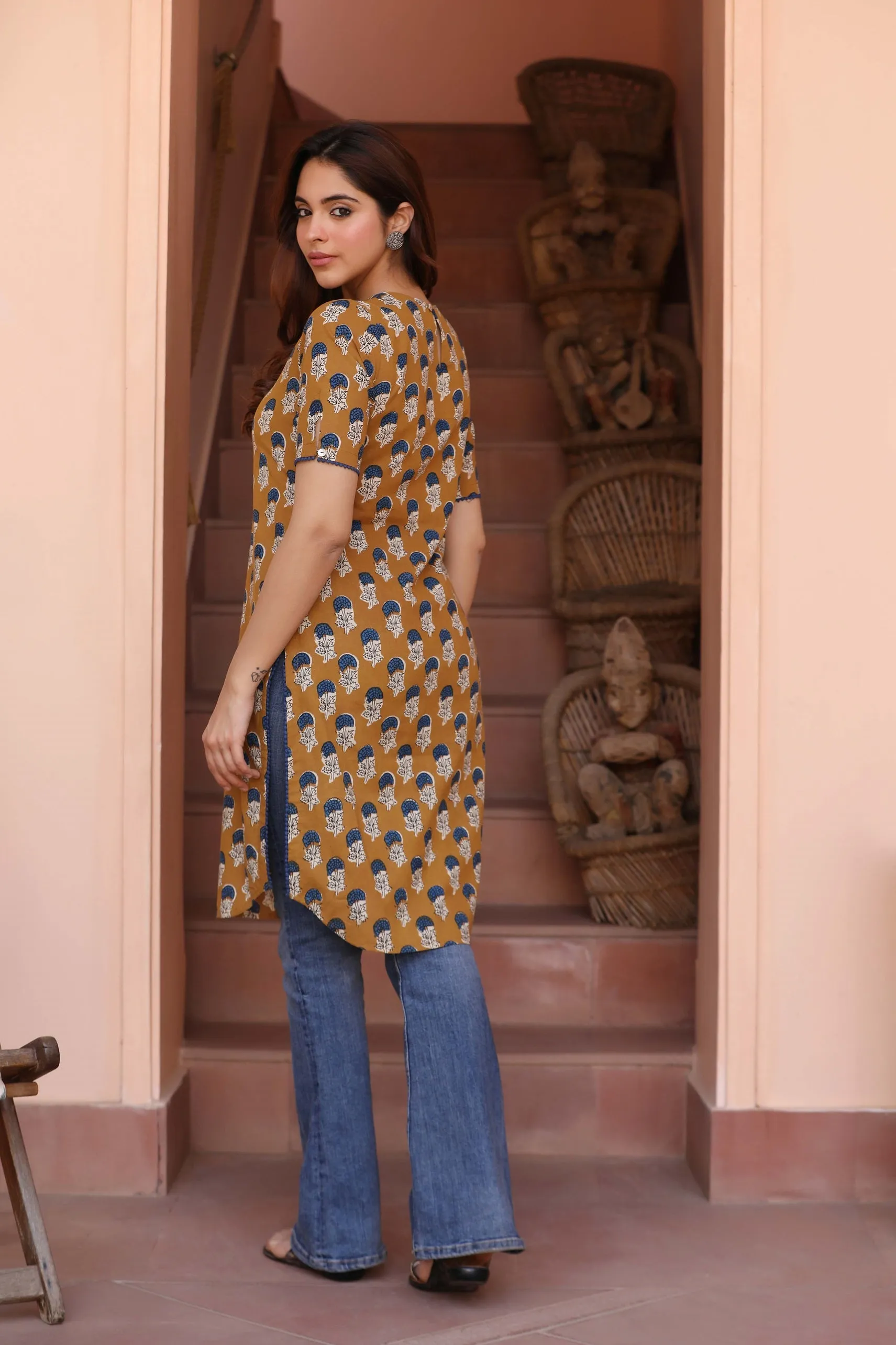 Mustard With Blue Cotton Pure Hand Block Printed Ready-To-Wear Knee Length Kurta