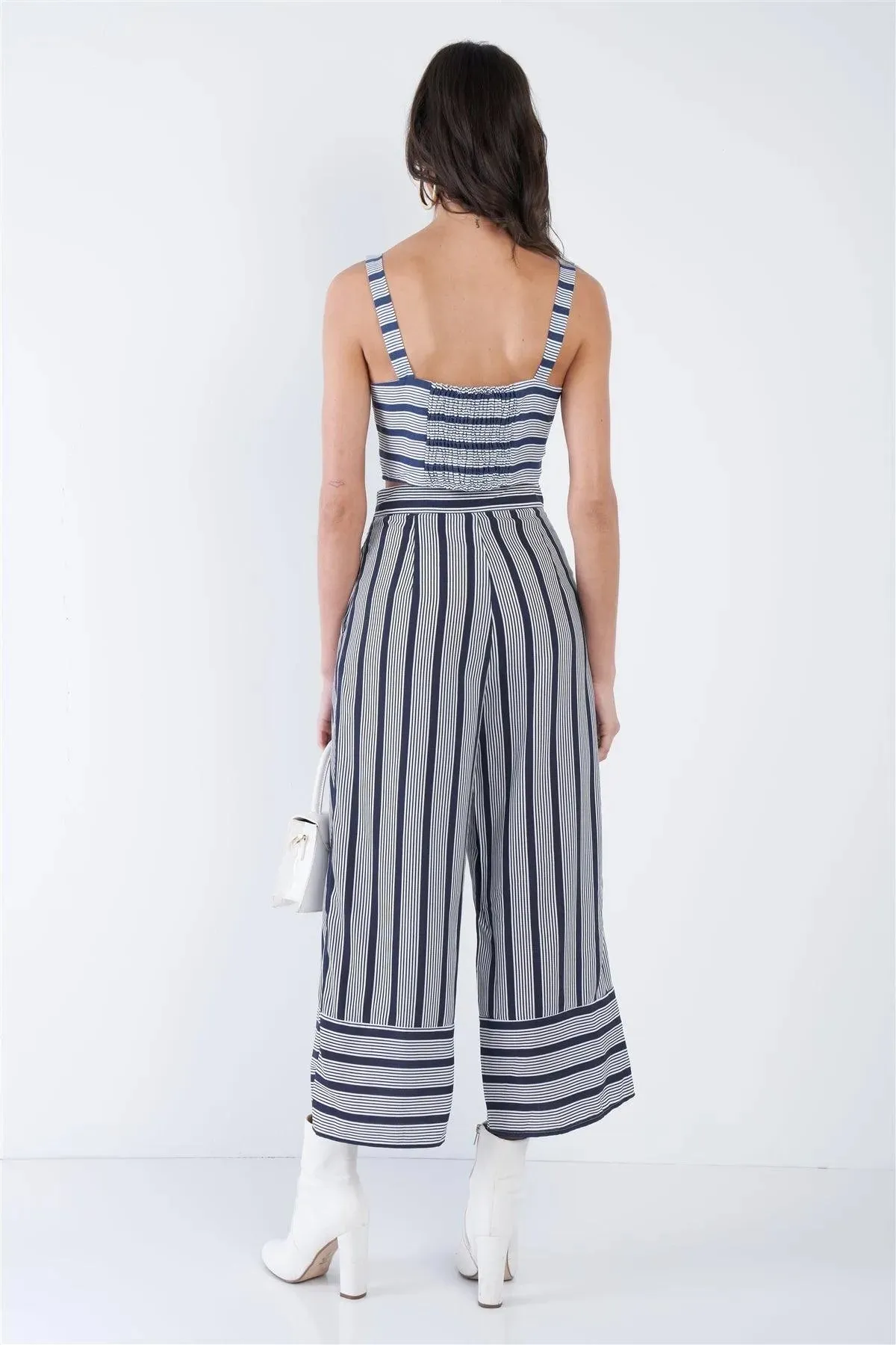 Navy & White Stripe Front Box Crop Top Wide Leg Gaucho Set  /3-2-1