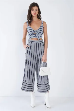 Navy & White Stripe Front Box Crop Top Wide Leg Gaucho Set  /3-2-1