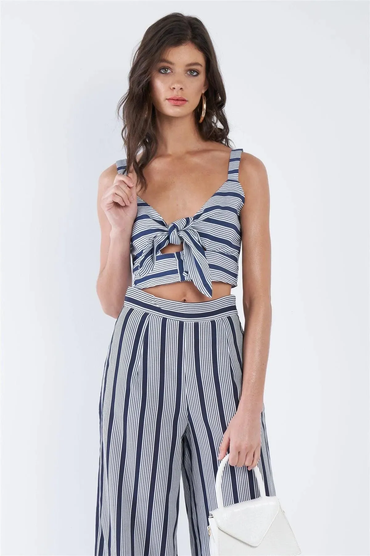 Navy & White Stripe Front Box Crop Top Wide Leg Gaucho Set  /3-2-1