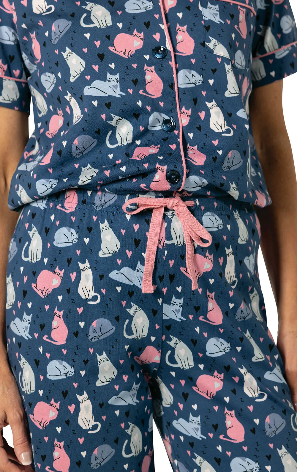 Navy Cat Short Sleeve Button-Front Capri Pajamas