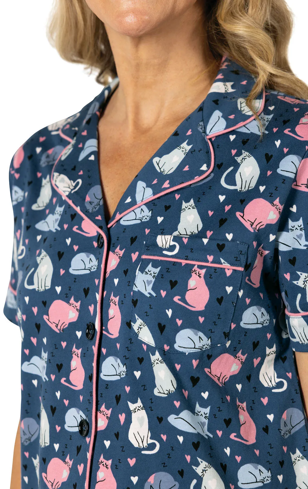 Navy Cat Short Sleeve Button-Front Capri Pajamas