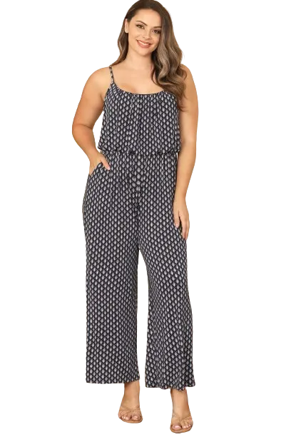 Navy White Plus Size Abstract Spaghetti Strap Jumpsuit - Pack of 6