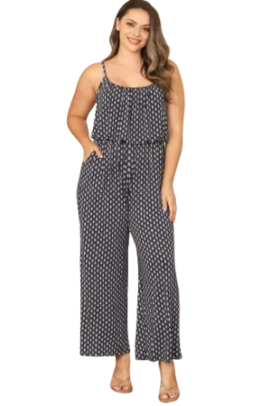 Navy White Plus Size Abstract Spaghetti Strap Jumpsuit - Pack of 6