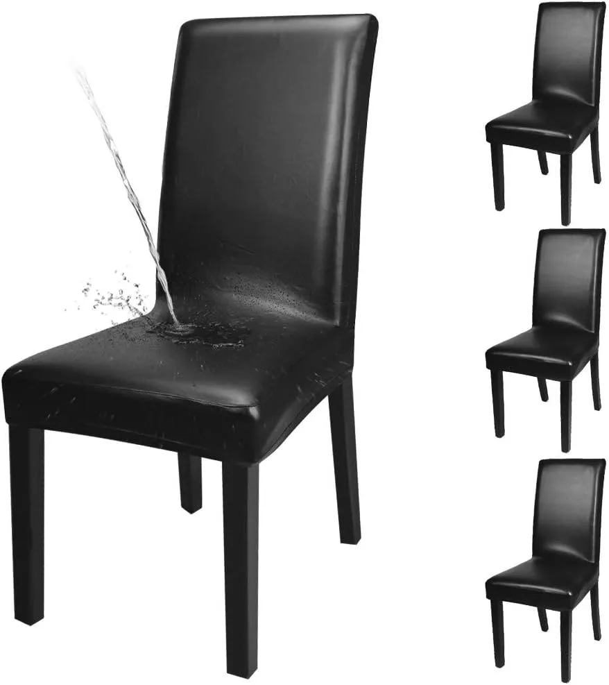 NEW Fuloon 4 Pack Super Fit Stretch Removable Washable Dining Chair Protector Slipcovers! Covers seat & back (4, Black PU), Retails $54 