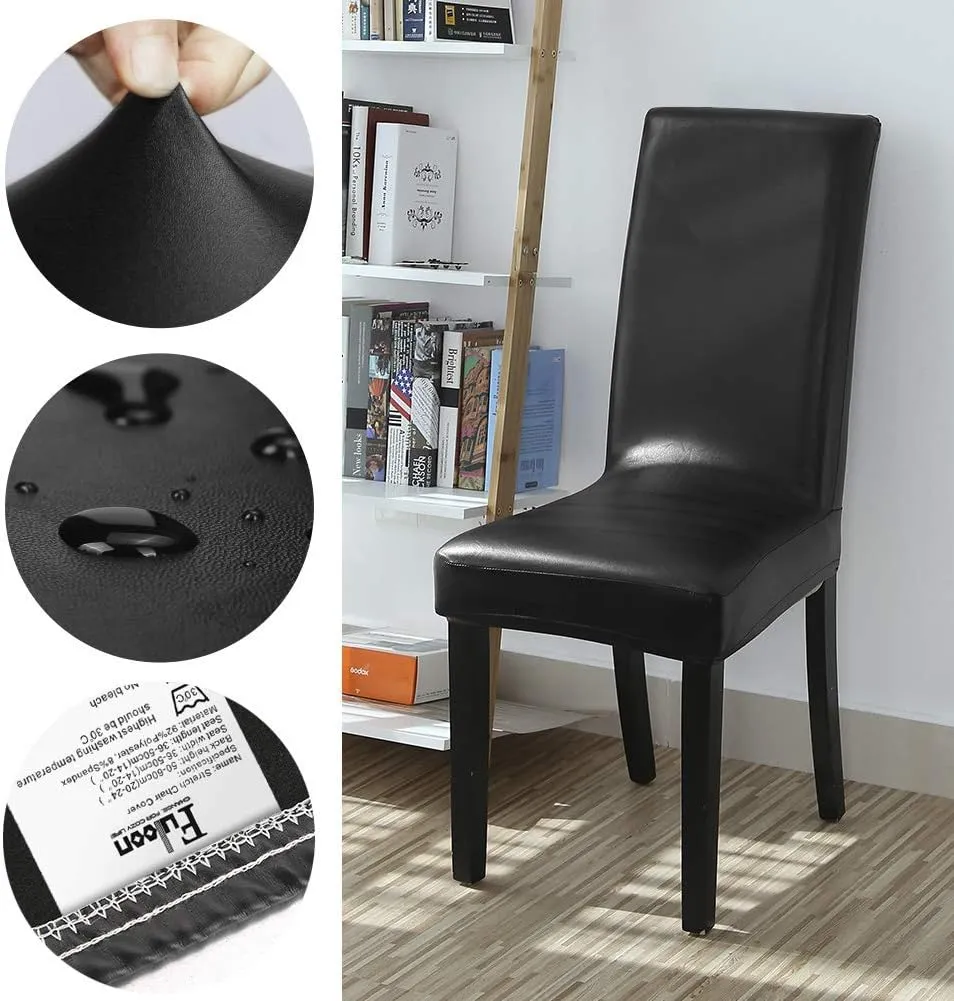 NEW Fuloon 4 Pack Super Fit Stretch Removable Washable Dining Chair Protector Slipcovers! Covers seat & back (4, Black PU), Retails $54 