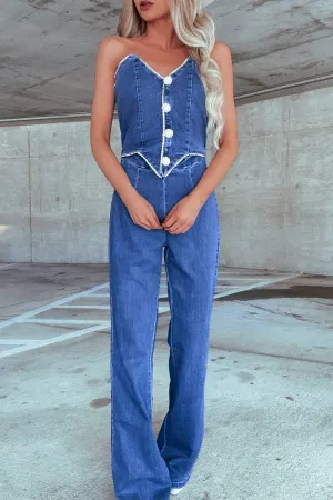 Nia Rhinestone Denim jumpsuit -Dark wash