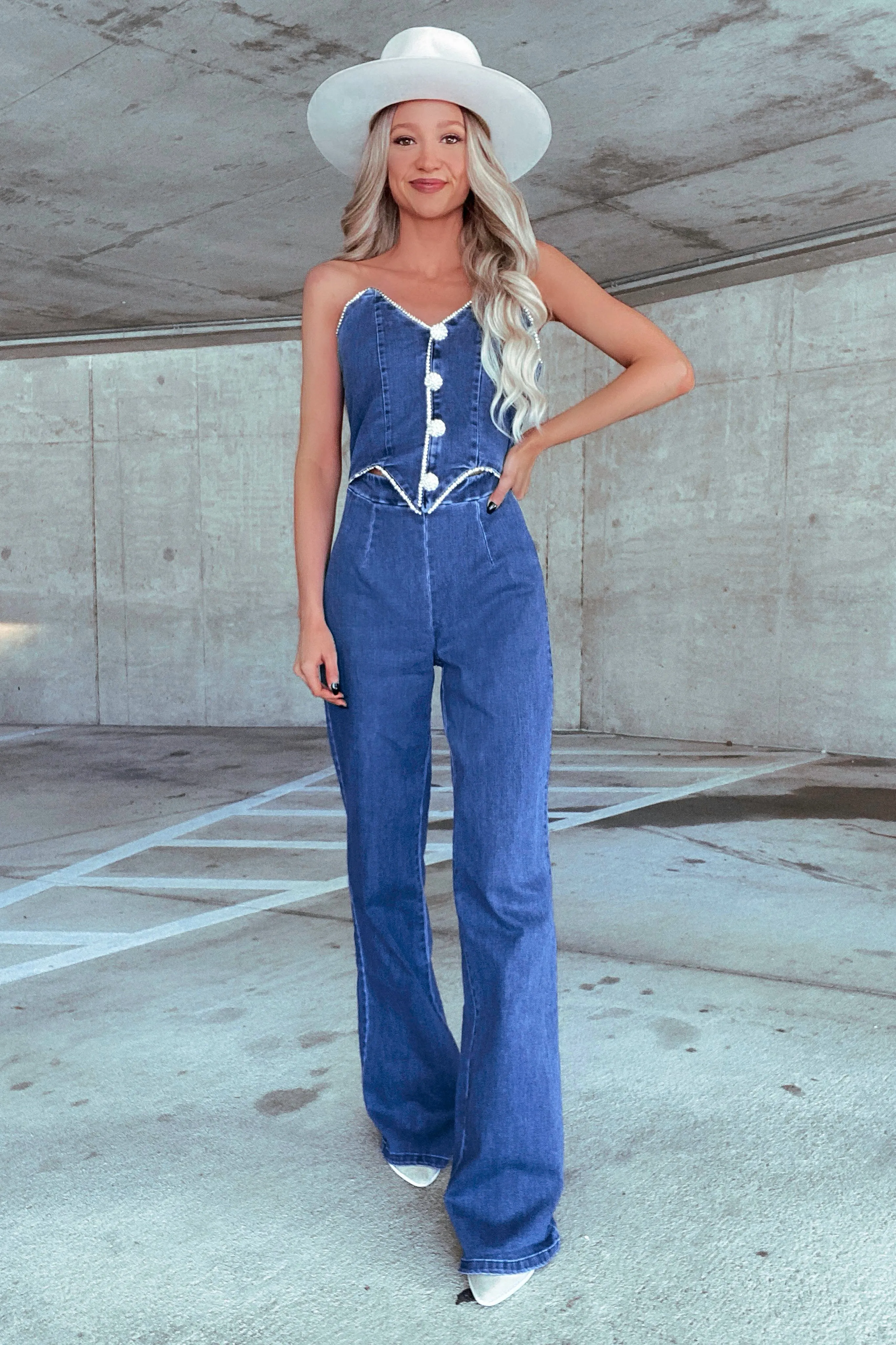 Nia Rhinestone Denim jumpsuit -Dark wash