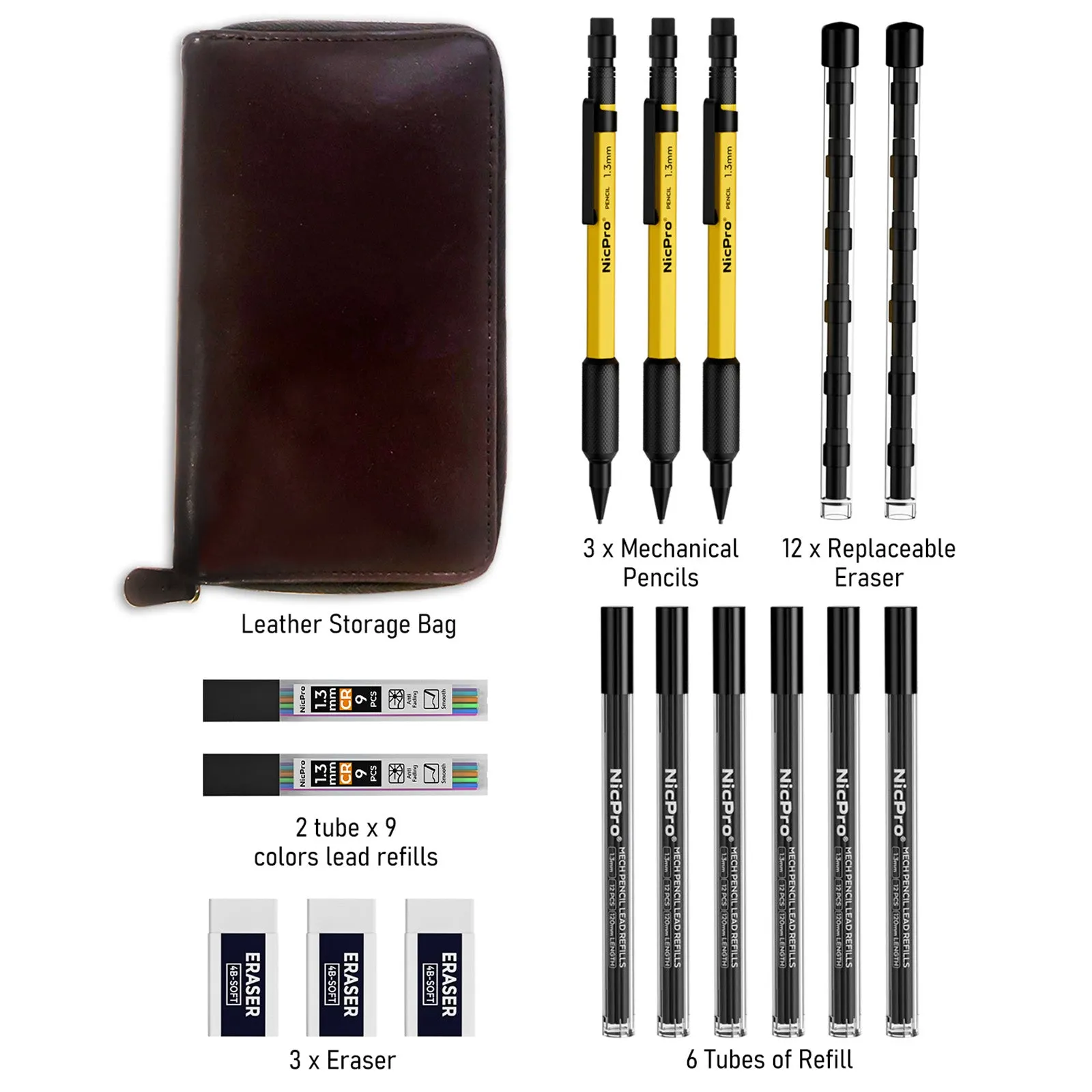 Nicpro 3PCS 1.3 mm Mechanical Pencils Set in Leather Case, with 72 Lead Refill,3 Eraser & 12 Refills, Weatherproof Metal Barrel,Heavy Duty Carpenter Pencil for Outdoor Marking Drafting Woodworking