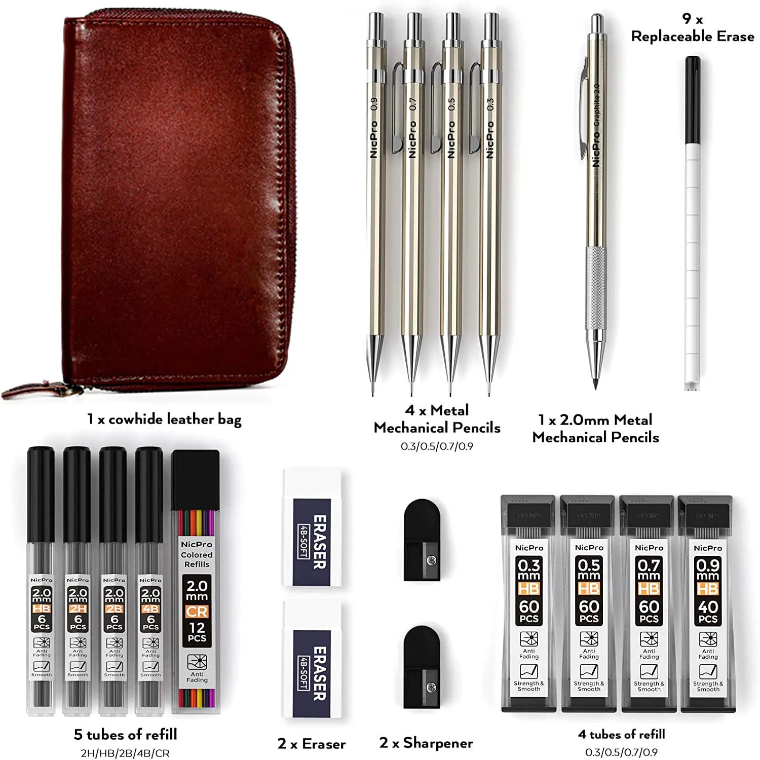 Nicpro 5 PCS Metal Mechanical Pencil Set in Leather Case, 0.3 & 0.5 & 0.7 & 0.9 mm & 2mm Lead Pencil Holders, (4B 2B HB 2H) Lead Refills (Black & Colors), Erasers, For Art Drafting Sketching Drawing