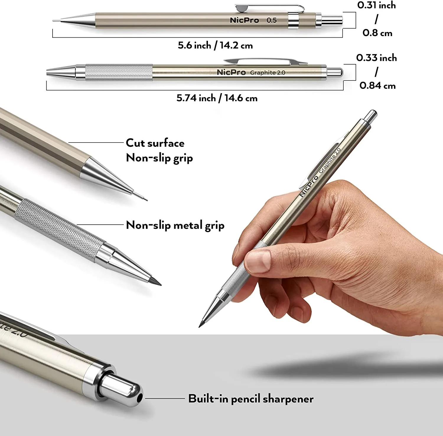 Nicpro 5 PCS Metal Mechanical Pencil Set in Leather Case, 0.3 & 0.5 & 0.7 & 0.9 mm & 2mm Lead Pencil Holders, (4B 2B HB 2H) Lead Refills (Black & Colors), Erasers, For Art Drafting Sketching Drawing