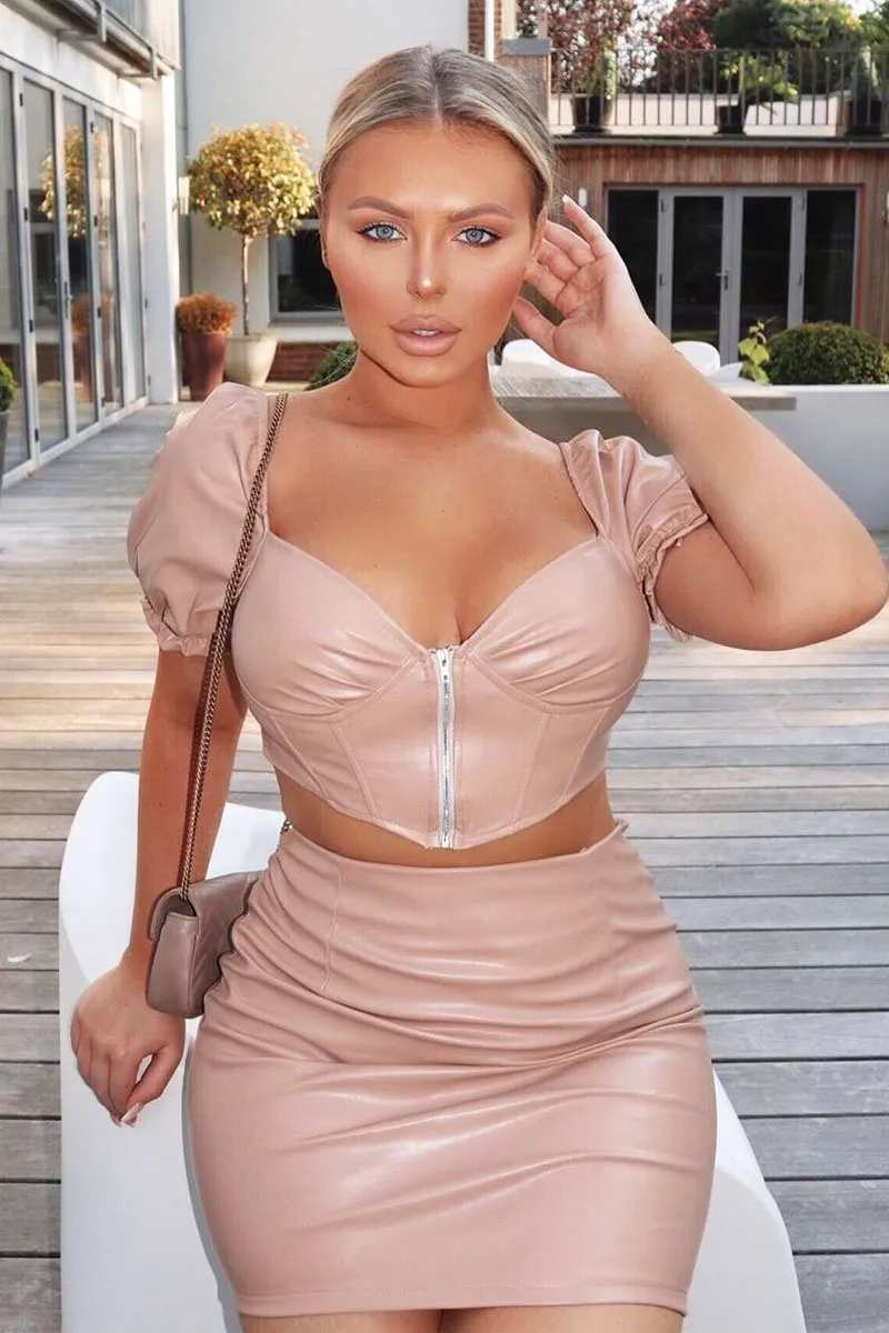Nude Faux Leather Milkmaid Crop Skirt Co-ord - Primrose