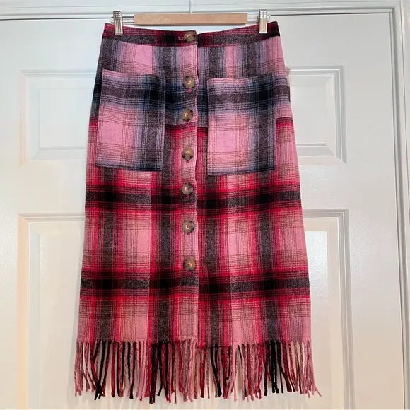 NWT Anthropologie Maeve Fringed Plaid Skirt Size 6 Wool Blend Pink ~Retail $148