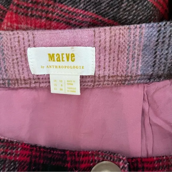 NWT Anthropologie Maeve Fringed Plaid Skirt Size 6 Wool Blend Pink ~Retail $148