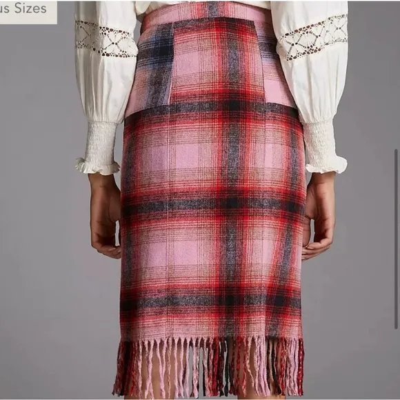 NWT Anthropologie Maeve Fringed Plaid Skirt Size 6 Wool Blend Pink ~Retail $148