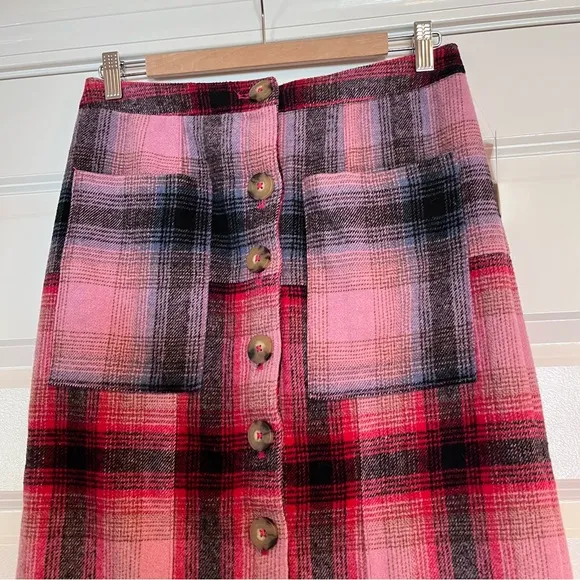 NWT Anthropologie Maeve Fringed Plaid Skirt Size 6 Wool Blend Pink ~Retail $148