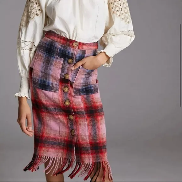 NWT Anthropologie Maeve Fringed Plaid Skirt Size 6 Wool Blend Pink ~Retail $148