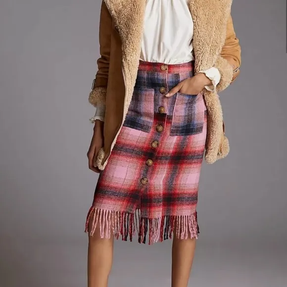 NWT Anthropologie Maeve Fringed Plaid Skirt Size 6 Wool Blend Pink ~Retail $148