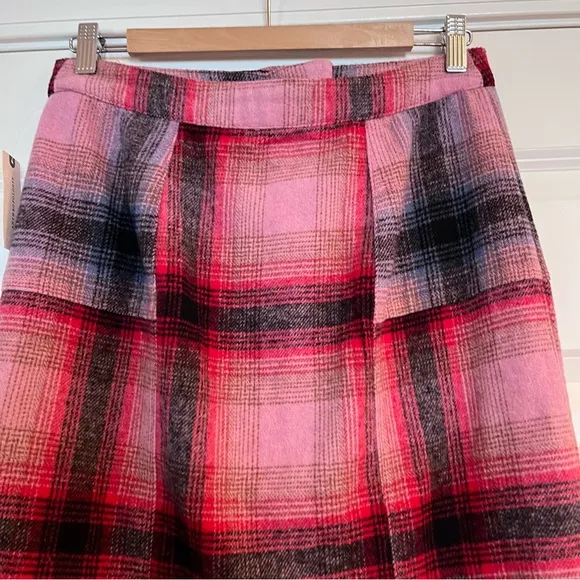 NWT Anthropologie Maeve Fringed Plaid Skirt Size 6 Wool Blend Pink ~Retail $148
