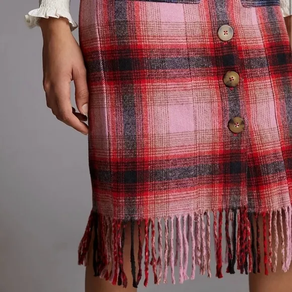 NWT Anthropologie Maeve Fringed Plaid Skirt Size 6 Wool Blend Pink ~Retail $148