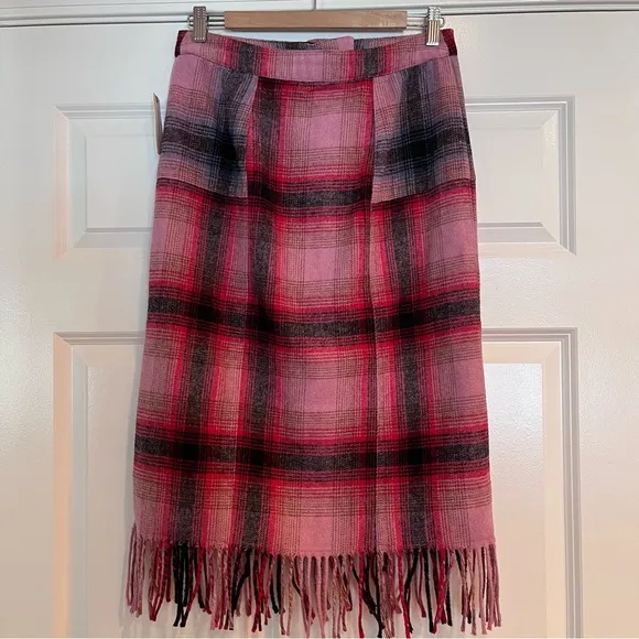 NWT Anthropologie Maeve Fringed Plaid Skirt Size 6 Wool Blend Pink ~Retail $148