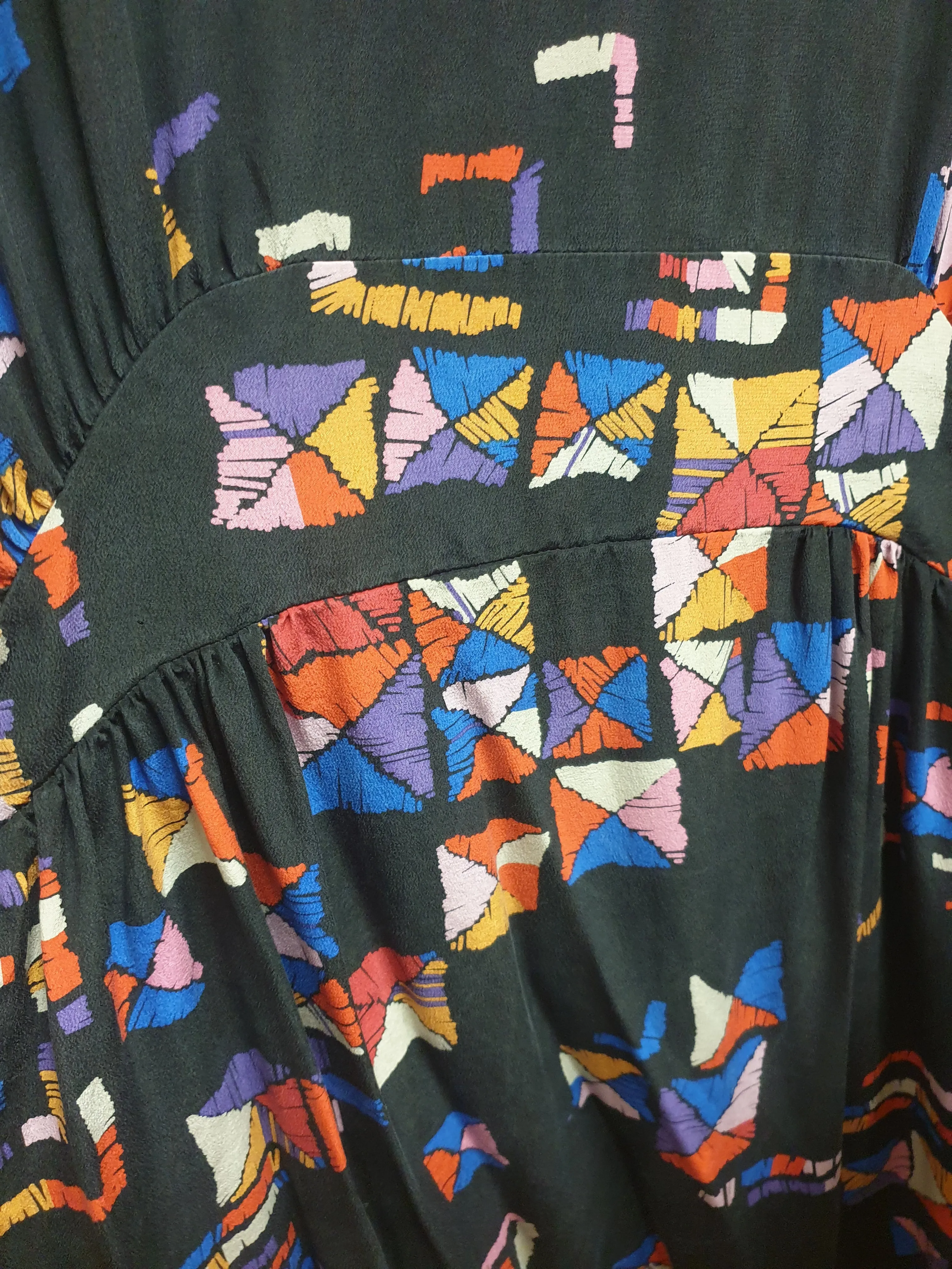 Obus vintage black-based 100% silk dress size 1, best fits size 8 (note: two visible crease lines)
