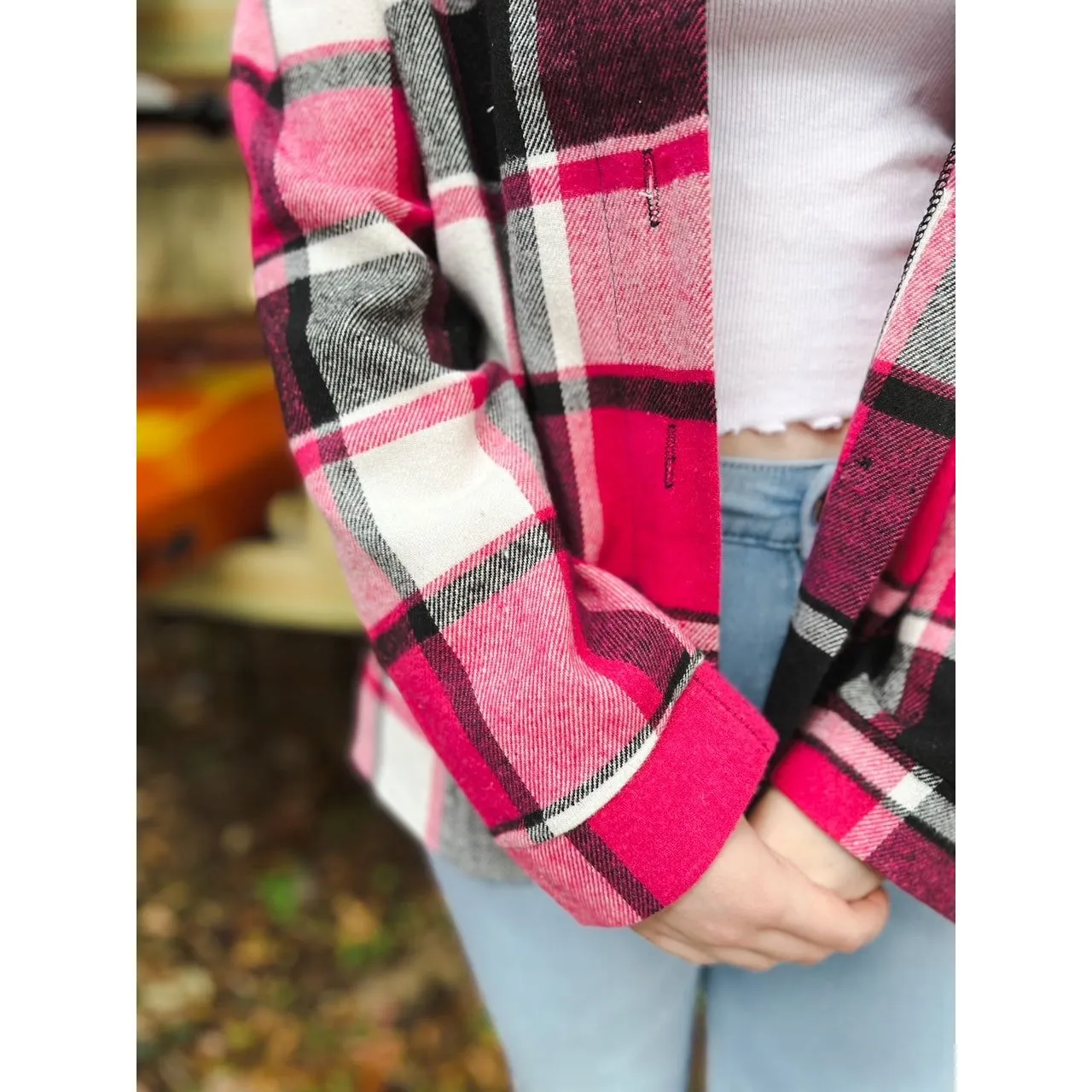OBX brand Plaid Flannel Jacket Shacket in Black and Pink S