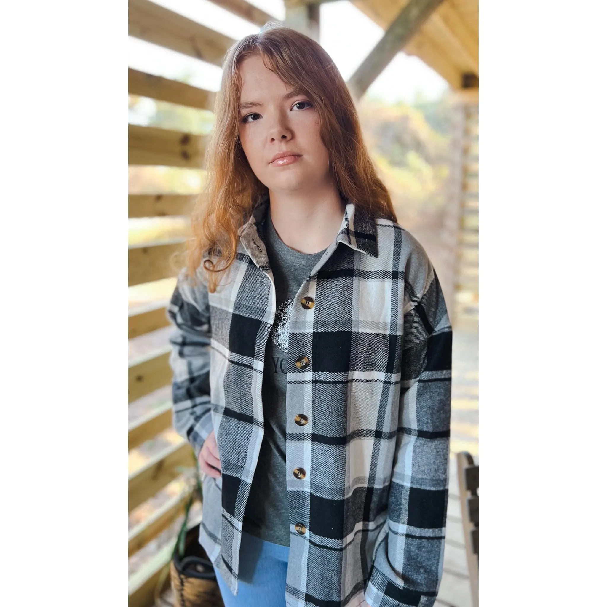 OBX brand Plaid Flannel Jacket Shacket in Black and Pink S