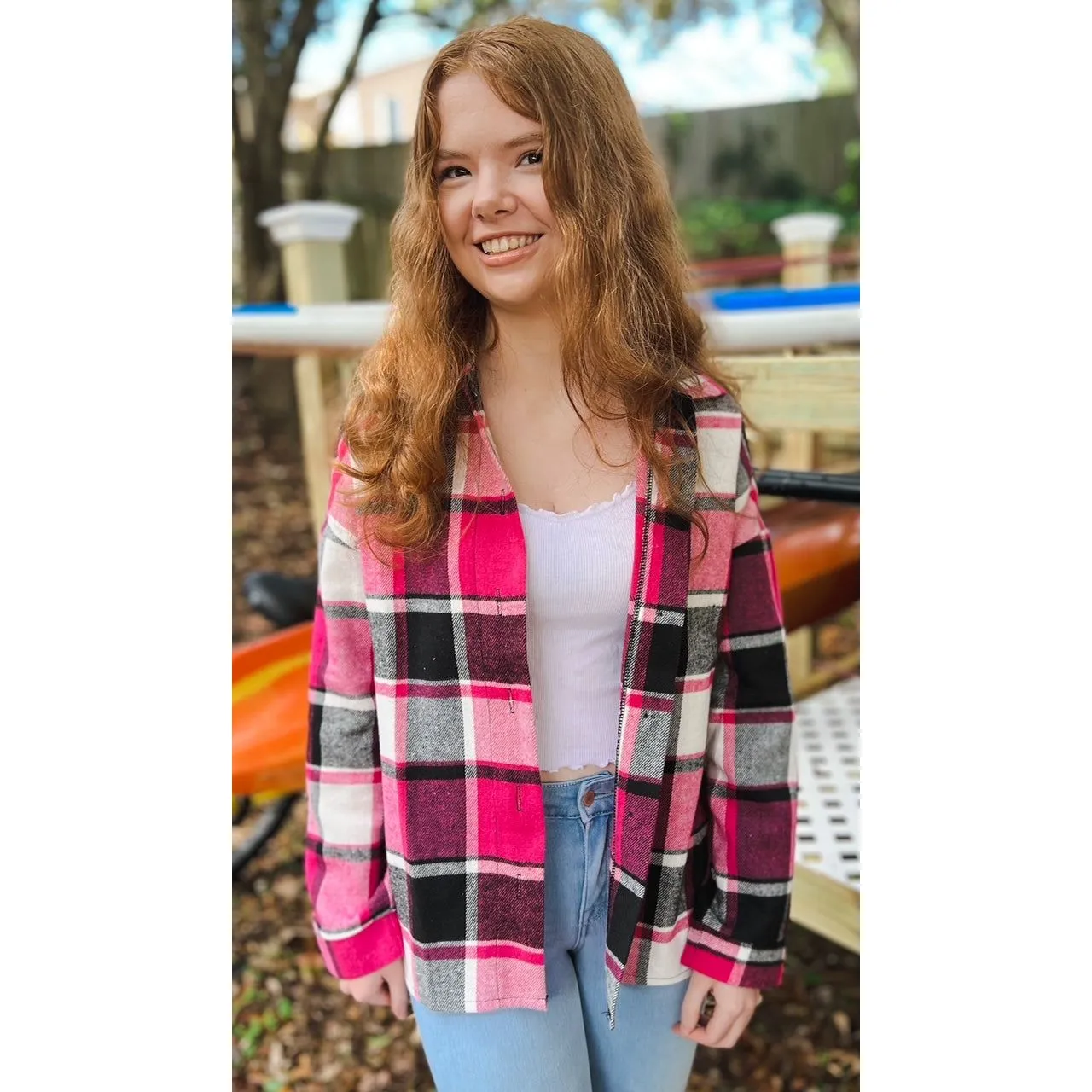 OBX brand Plaid Flannel Jacket Shacket in Black and Pink S