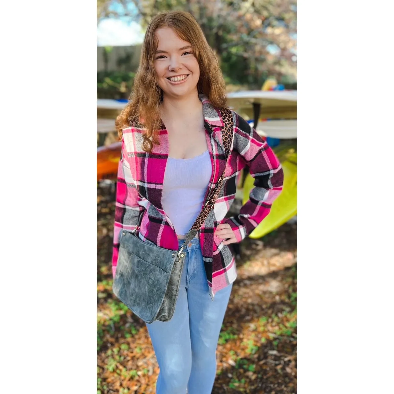 OBX brand Plaid Flannel Jacket Shacket in Black and Pink S