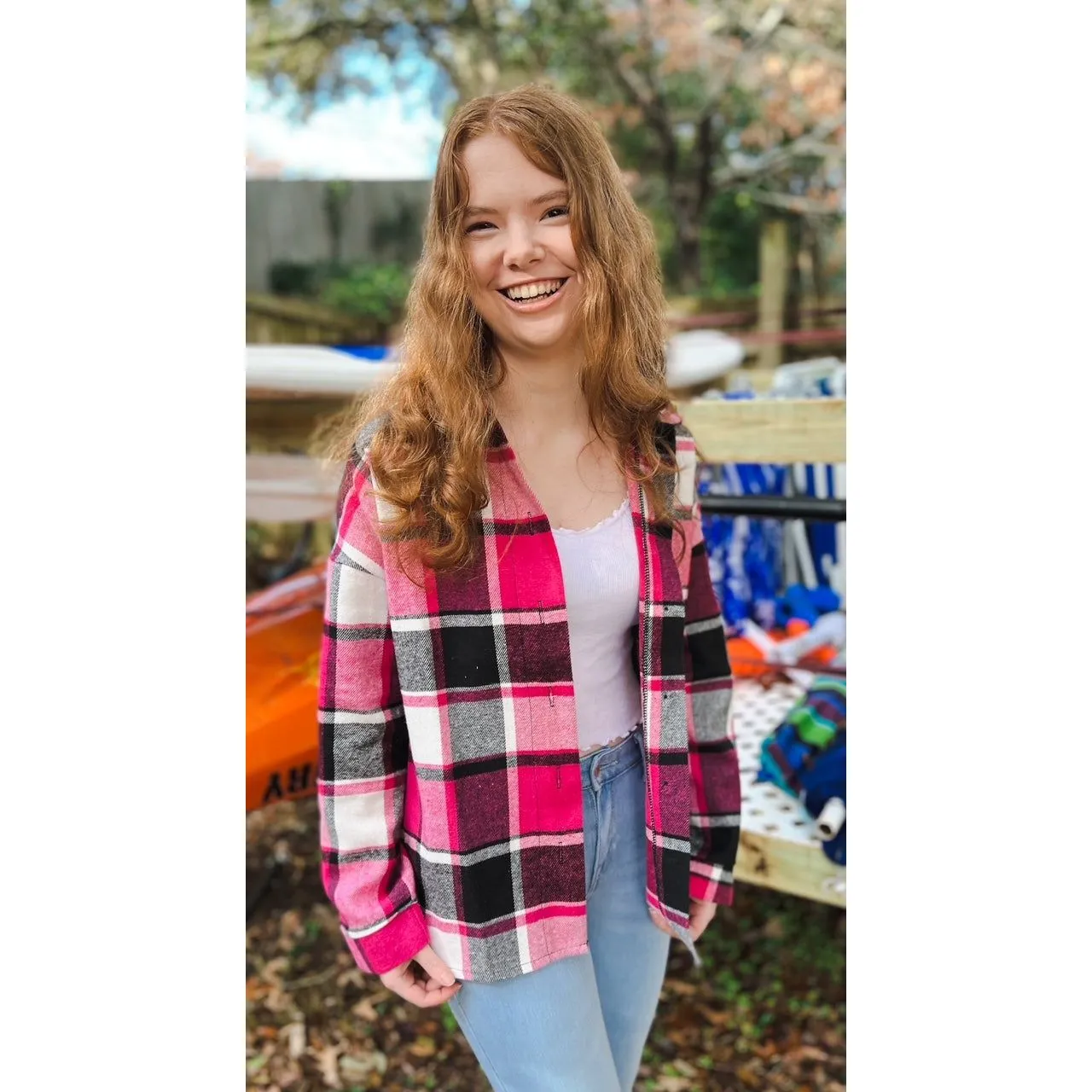 OBX brand Plaid Flannel Jacket Shacket in Black and Pink S